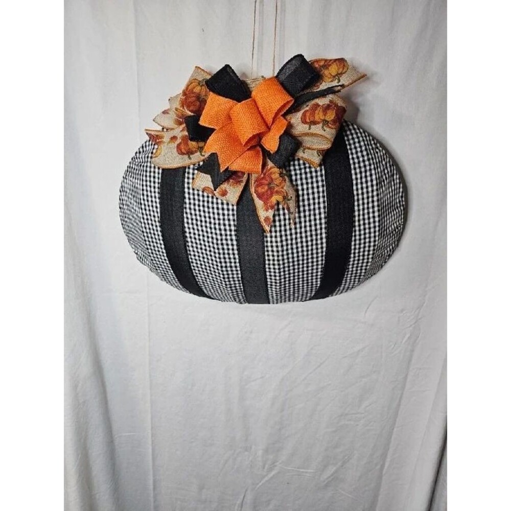 Handcrafted Black & White Gingham Fabric Pumpkin Door Hanger Wreath